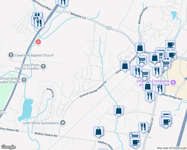 map of restaurants, bars, coffee shops, grocery stores, and more near 1317 Moore's Court in Brentwood