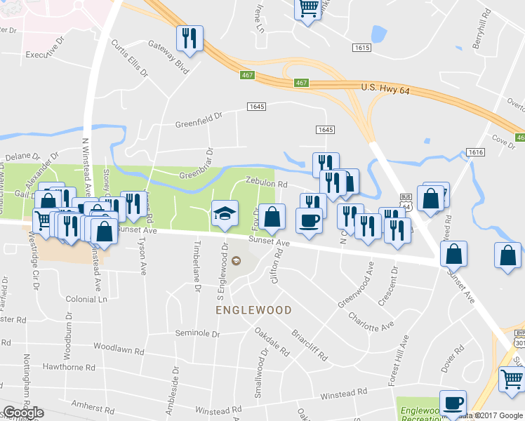 map of restaurants, bars, coffee shops, grocery stores, and more near 117 Foy Drive in Rocky Mount