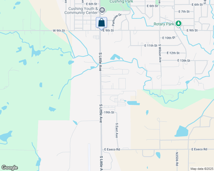 map of restaurants, bars, coffee shops, grocery stores, and more near 502 South Little Avenue in Cushing