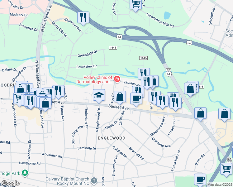 map of restaurants, bars, coffee shops, grocery stores, and more near 117 Foy Drive in Rocky Mount
