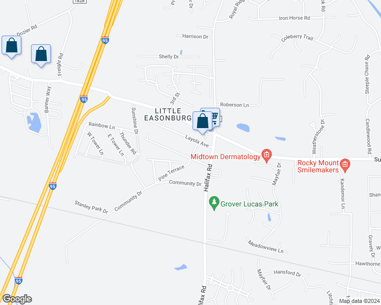 map of restaurants, bars, coffee shops, grocery stores, and more near 208 Calvert Street in Rocky Mount