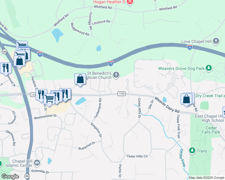 map of restaurants, bars, coffee shops, grocery stores, and more near 100a Weatherstone Drive in Chapel Hill