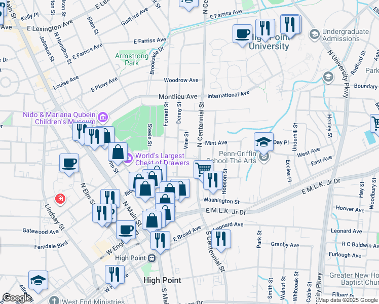 map of restaurants, bars, coffee shops, grocery stores, and more near 404 Vine Street in High Point