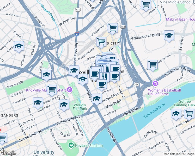 map of restaurants, bars, coffee shops, grocery stores, and more near 465 Walnut Street in Knoxville