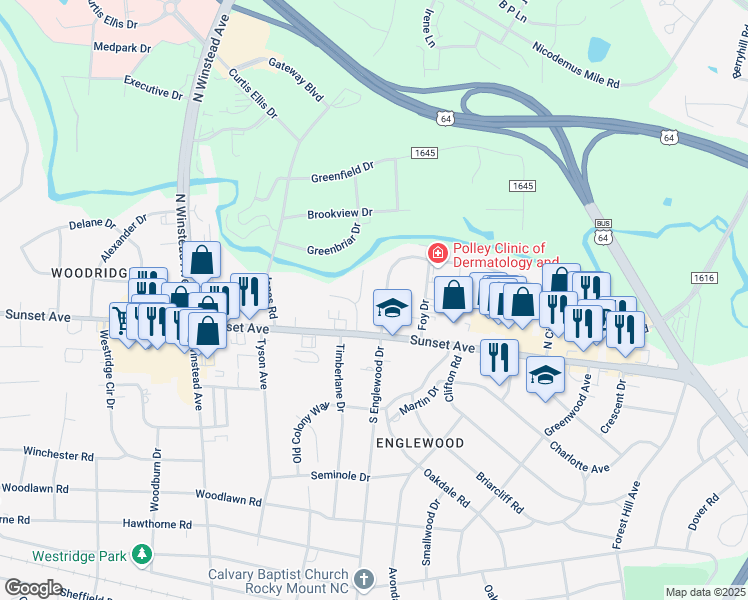 map of restaurants, bars, coffee shops, grocery stores, and more near North Englewood Drive in Rocky Mount