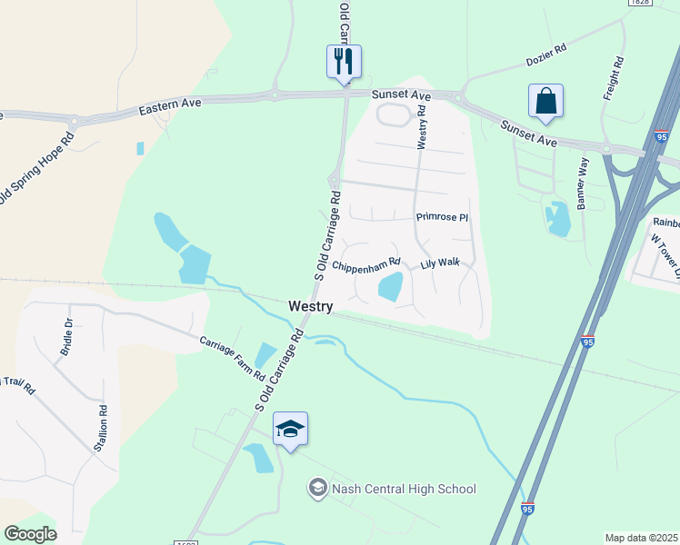 map of restaurants, bars, coffee shops, grocery stores, and more near 4711 Chippenham Road in Rocky Mount