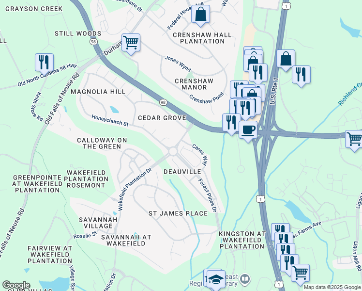 map of restaurants, bars, coffee shops, grocery stores, and more near 3507 Archdale Drive in Raleigh