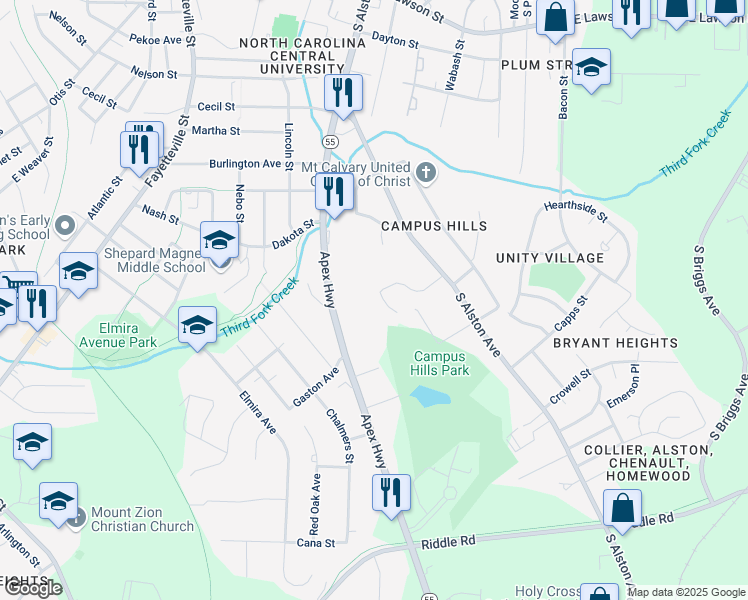 map of restaurants, bars, coffee shops, grocery stores, and more near 1808 Pritchard Place in Durham