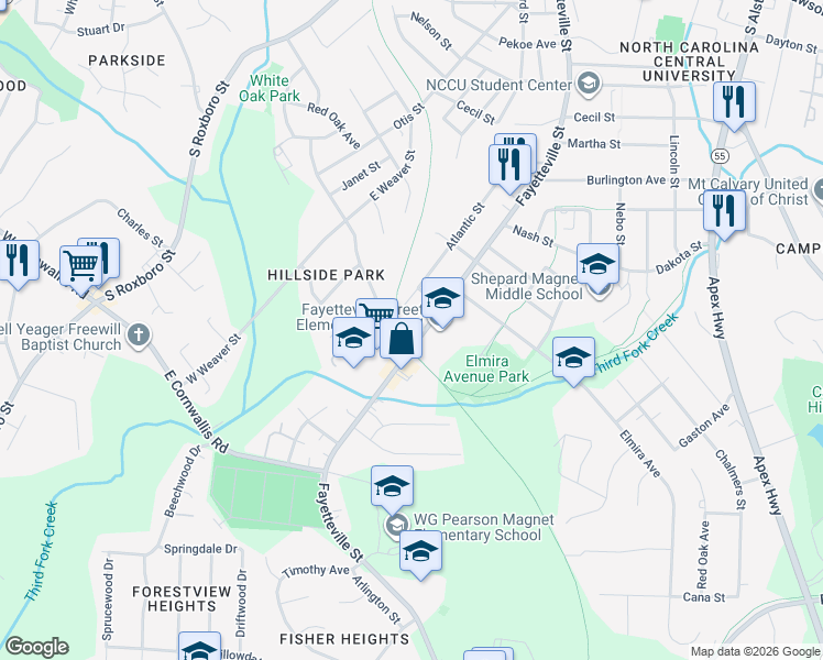 map of restaurants, bars, coffee shops, grocery stores, and more near 433 East Pilot Street in Durham