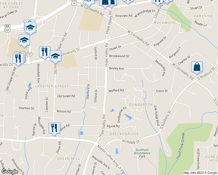 map of restaurants, bars, coffee shops, grocery stores, and more near 607 Wofford Road in Durham