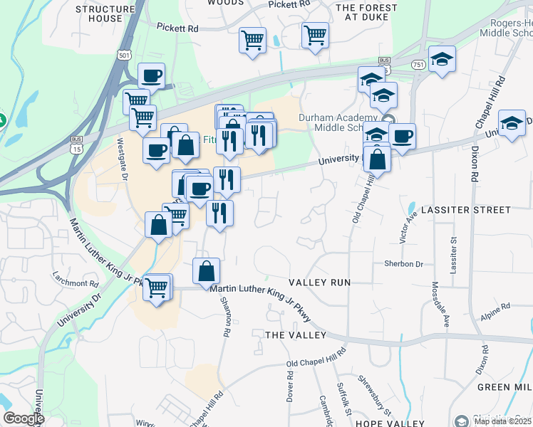 map of restaurants, bars, coffee shops, grocery stores, and more near 3216 Myra Street in Durham