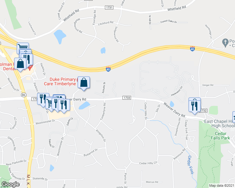 map of restaurants, bars, coffee shops, grocery stores, and more near 100a Weatherstone Drive in Chapel Hill
