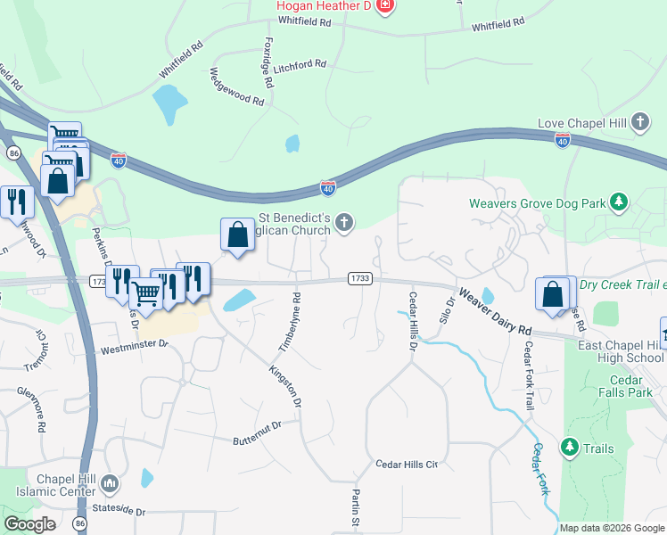 map of restaurants, bars, coffee shops, grocery stores, and more near 100a Weatherstone Drive in Chapel Hill