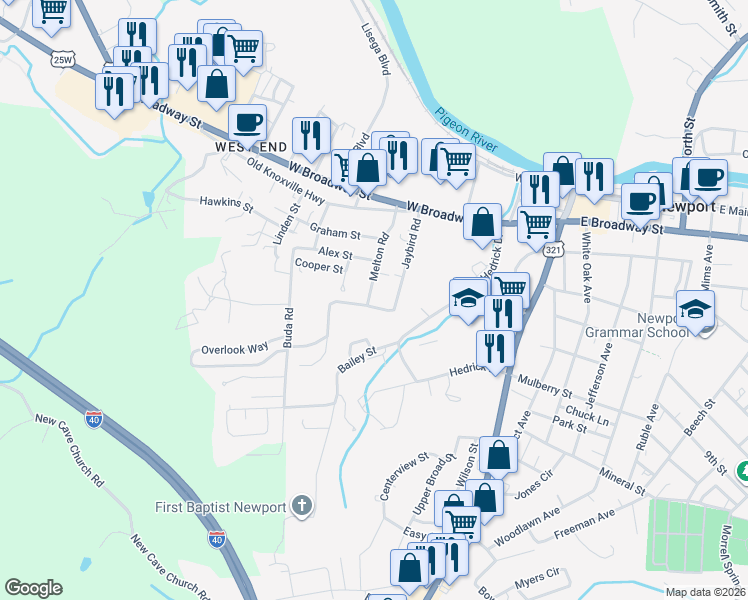 map of restaurants, bars, coffee shops, grocery stores, and more near 253 Jaybird Road in Newport