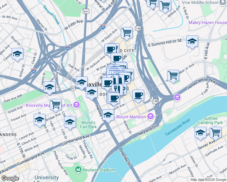 map of restaurants, bars, coffee shops, grocery stores, and more near in Knoxville