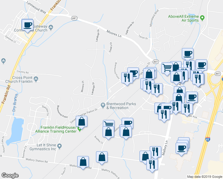 map of restaurants, bars, coffee shops, grocery stores, and more near 844 Brentwood Point in Brentwood