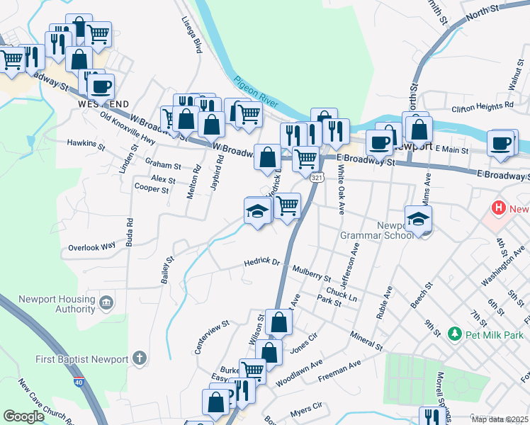 map of restaurants, bars, coffee shops, grocery stores, and more near 216 Hedrick Drive in Newport