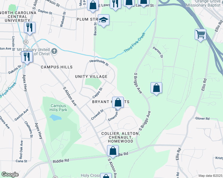 map of restaurants, bars, coffee shops, grocery stores, and more near 1513 Pomona Drive in Durham