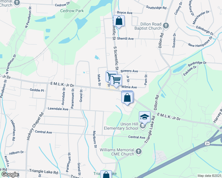 map of restaurants, bars, coffee shops, grocery stores, and more near 2930 Kivett Drive in Jamestown