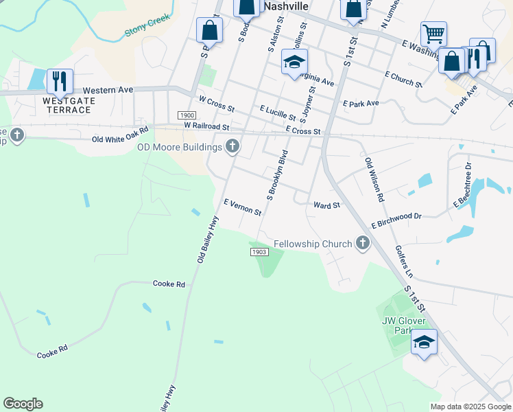 map of restaurants, bars, coffee shops, grocery stores, and more near East Vernon Street in Nashville