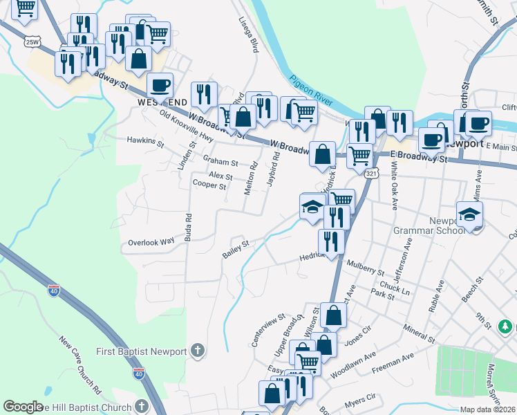 map of restaurants, bars, coffee shops, grocery stores, and more near 253 Jaybird Road in Newport