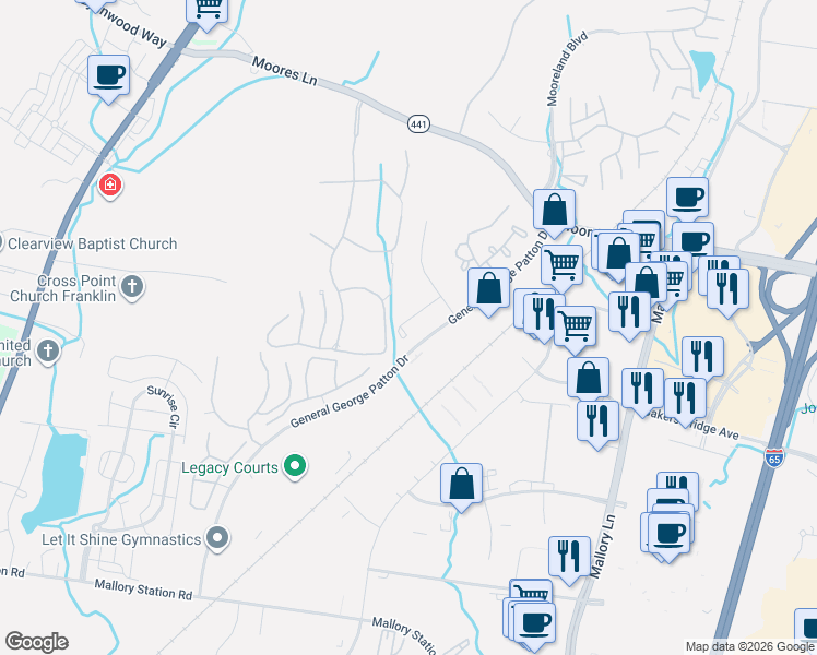 map of restaurants, bars, coffee shops, grocery stores, and more near 844 Brentwood Point in Brentwood