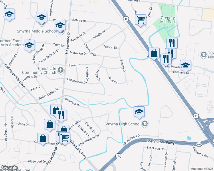 map of restaurants, bars, coffee shops, grocery stores, and more near 141 Bailey Collins Drive in Smyrna