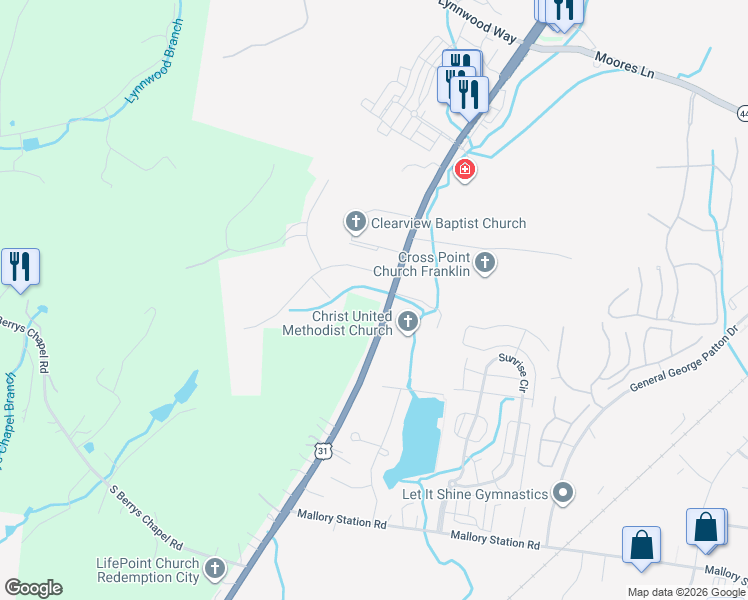 map of restaurants, bars, coffee shops, grocery stores, and more near 517 Franklin Road in Franklin