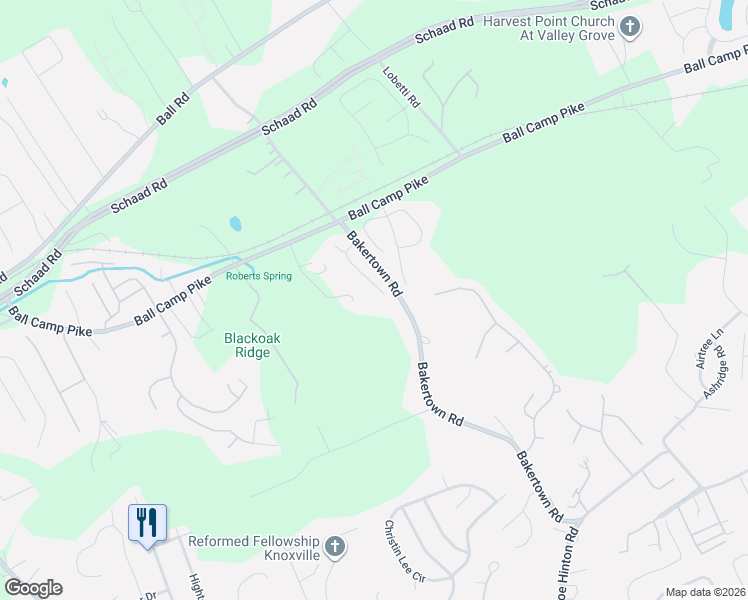 map of restaurants, bars, coffee shops, grocery stores, and more near 7812 Ball Camp Pike in Knoxville