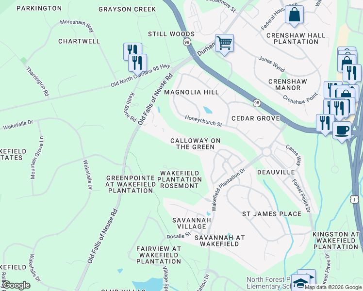 map of restaurants, bars, coffee shops, grocery stores, and more near 2600 Garden Hill Drive in Raleigh
