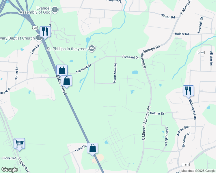 map of restaurants, bars, coffee shops, grocery stores, and more near 1113 Horseshoe Rd in Durham