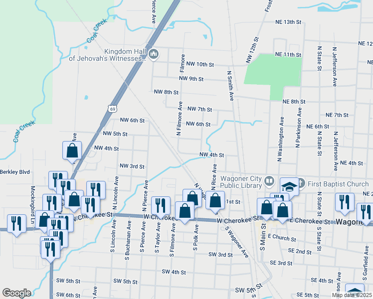 map of restaurants, bars, coffee shops, grocery stores, and more near 516 Northwest 4th Street in Wagoner