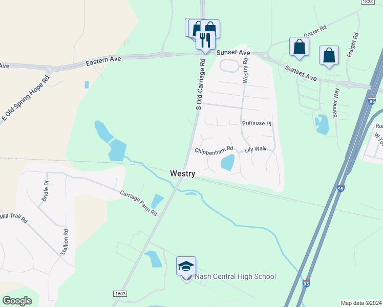 map of restaurants, bars, coffee shops, grocery stores, and more near 4719 Chippenham Road in Rocky Mount