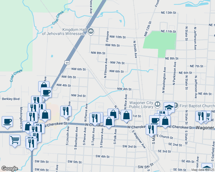map of restaurants, bars, coffee shops, grocery stores, and more near 516 Northwest 4th Street in Wagoner