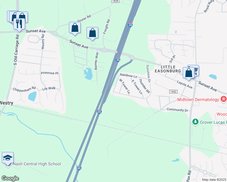 map of restaurants, bars, coffee shops, grocery stores, and more near 4704 Rainbow Lane in Rocky Mount