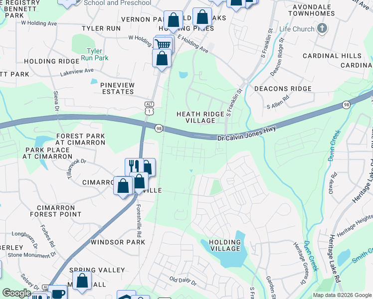 map of restaurants, bars, coffee shops, grocery stores, and more near Doctor Calvin Jones Highway in Wake Forest