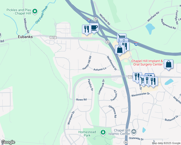 map of restaurants, bars, coffee shops, grocery stores, and more near 113 Autumn Lane in Chapel Hill
