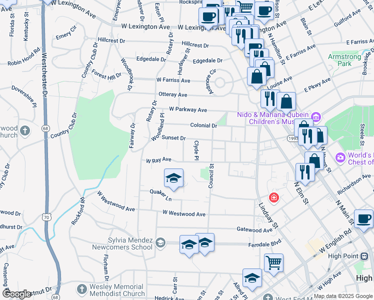 map of restaurants, bars, coffee shops, grocery stores, and more near 800 West Ray Avenue in High Point