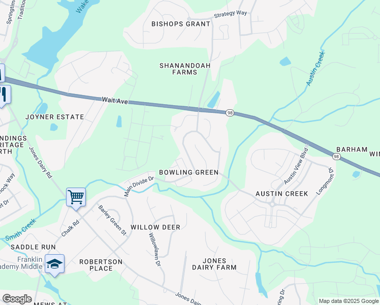 map of restaurants, bars, coffee shops, grocery stores, and more near 1624 Fern Hollow Trail in Wake Forest