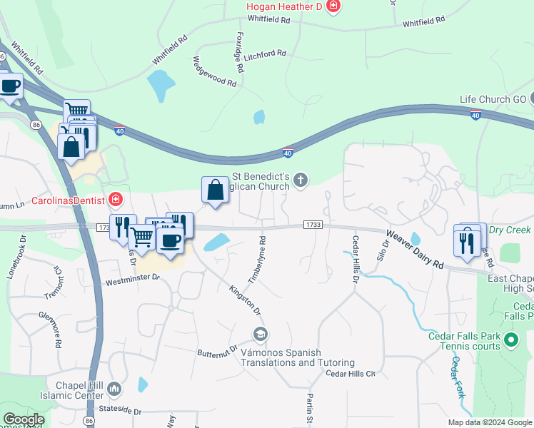 map of restaurants, bars, coffee shops, grocery stores, and more near 117 Scott Lane in Chapel Hill