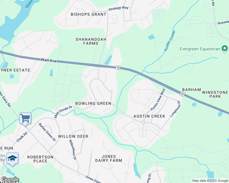 map of restaurants, bars, coffee shops, grocery stores, and more near 217 Cottesbrook Drive in Wake Forest