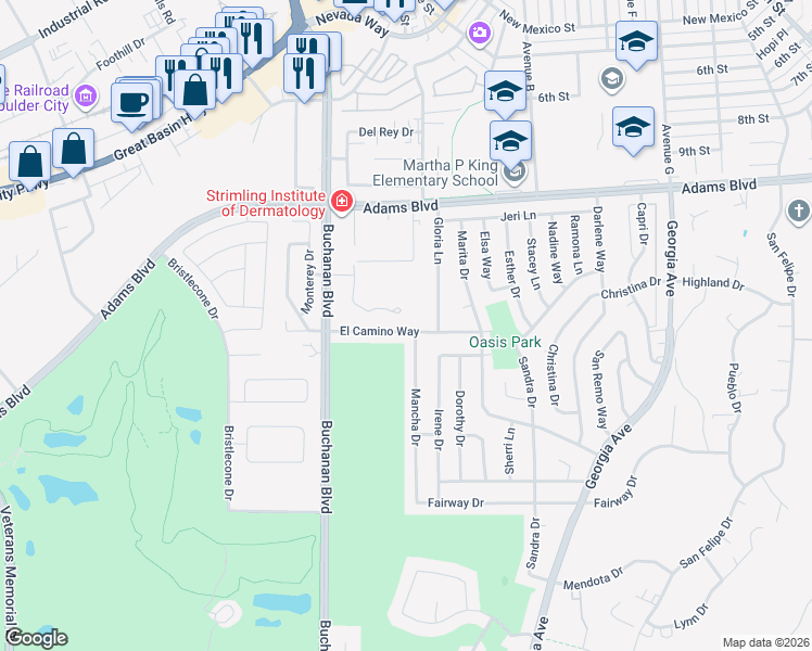 map of restaurants, bars, coffee shops, grocery stores, and more near 976 El Camino Way in Boulder City