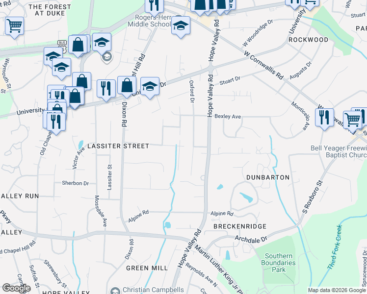 map of restaurants, bars, coffee shops, grocery stores, and more near 3206 Oxford Drive in Durham