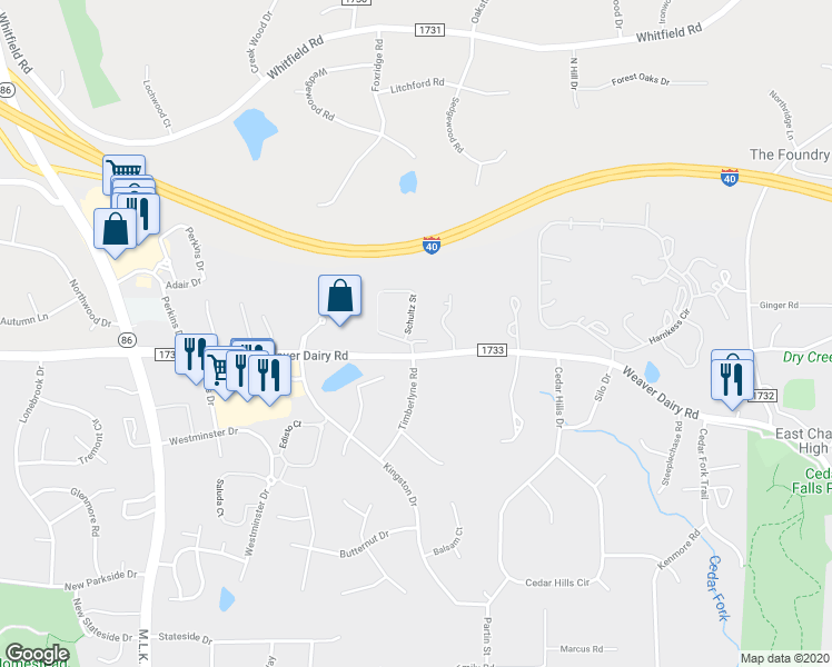 map of restaurants, bars, coffee shops, grocery stores, and more near 1 Timberlyne Road in Chapel Hill