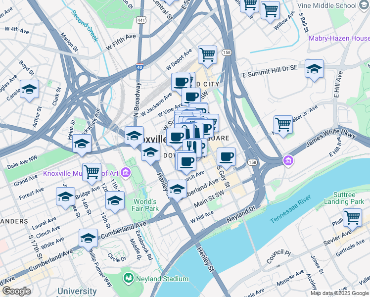 map of restaurants, bars, coffee shops, grocery stores, and more near in Knoxville