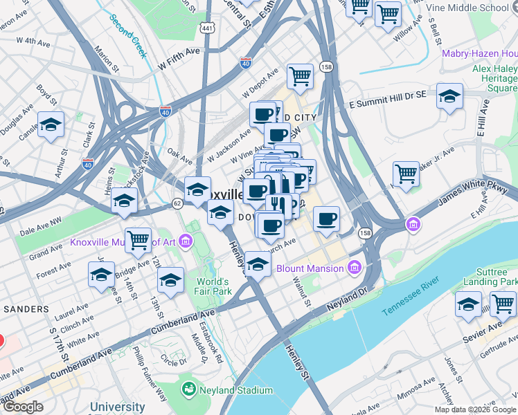 map of restaurants, bars, coffee shops, grocery stores, and more near in Knoxville