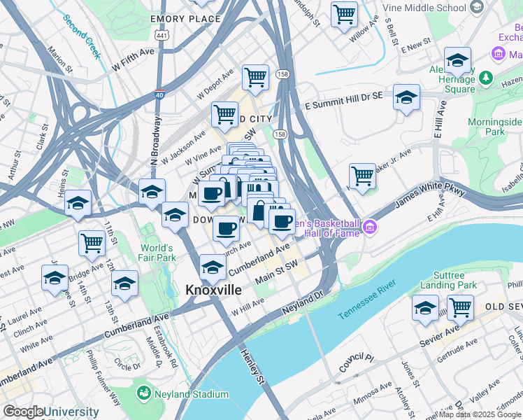 map of restaurants, bars, coffee shops, grocery stores, and more near 524 South Gay Street in Knoxville