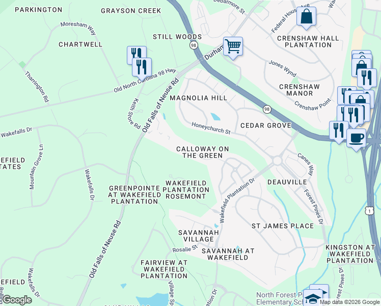 map of restaurants, bars, coffee shops, grocery stores, and more near 2610 Garden Hill Drive in Raleigh