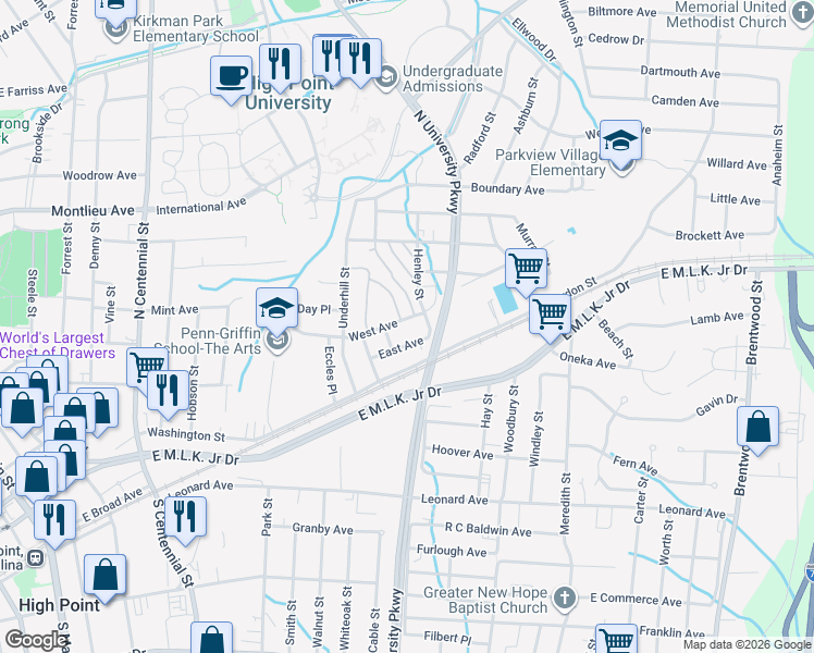 map of restaurants, bars, coffee shops, grocery stores, and more near 1501 East Avenue in High Point