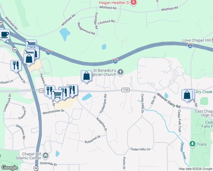 map of restaurants, bars, coffee shops, grocery stores, and more near 1 Timberlyne Road in Chapel Hill